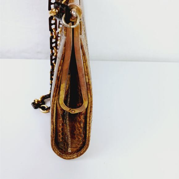 Vintage Genuine Snakeskin Clutch Purse With Chain Brown Cobra Head Markings - Picture 7 of 10